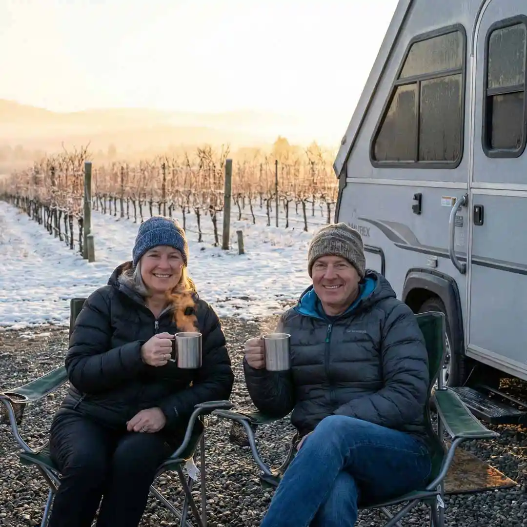 A couple enjoying winter camping at a winery.