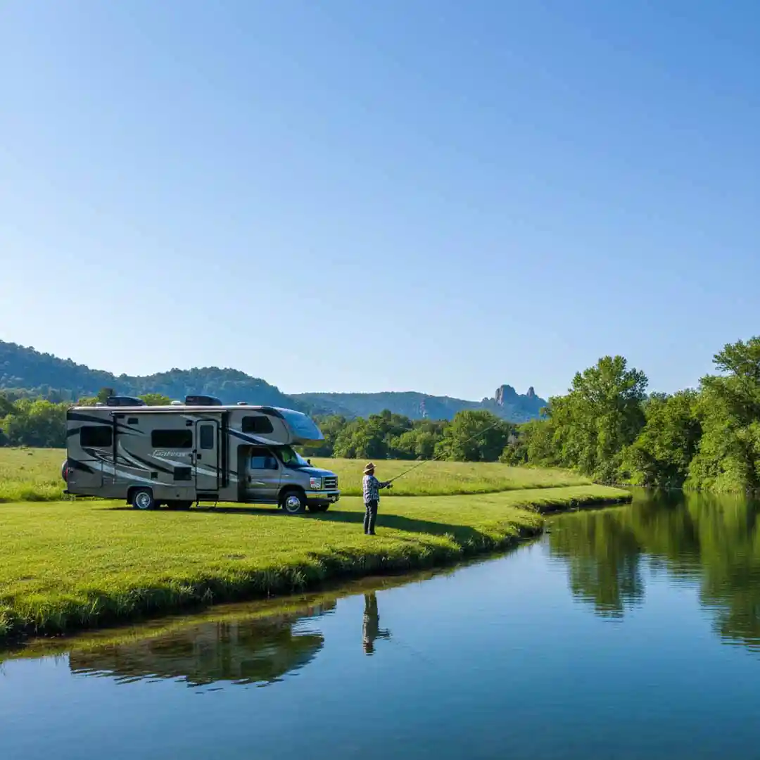 A man fishing on the bank of a river with an RV 