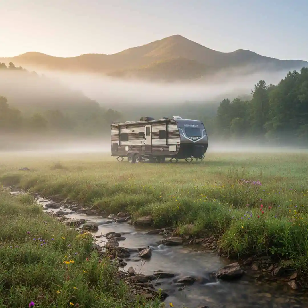 RV parked in a pasture in the the Smoky Mountain