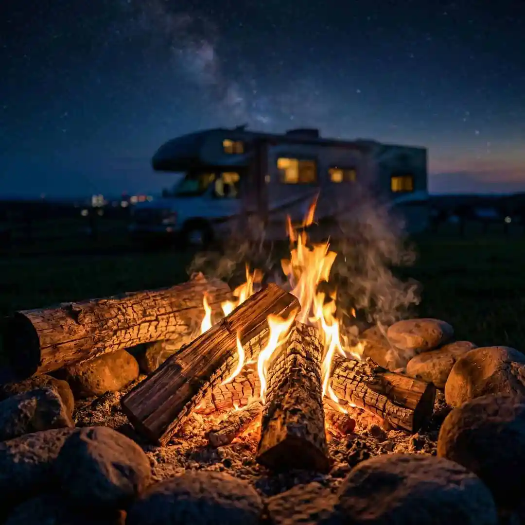 Campfire in the night sky with RV in the background