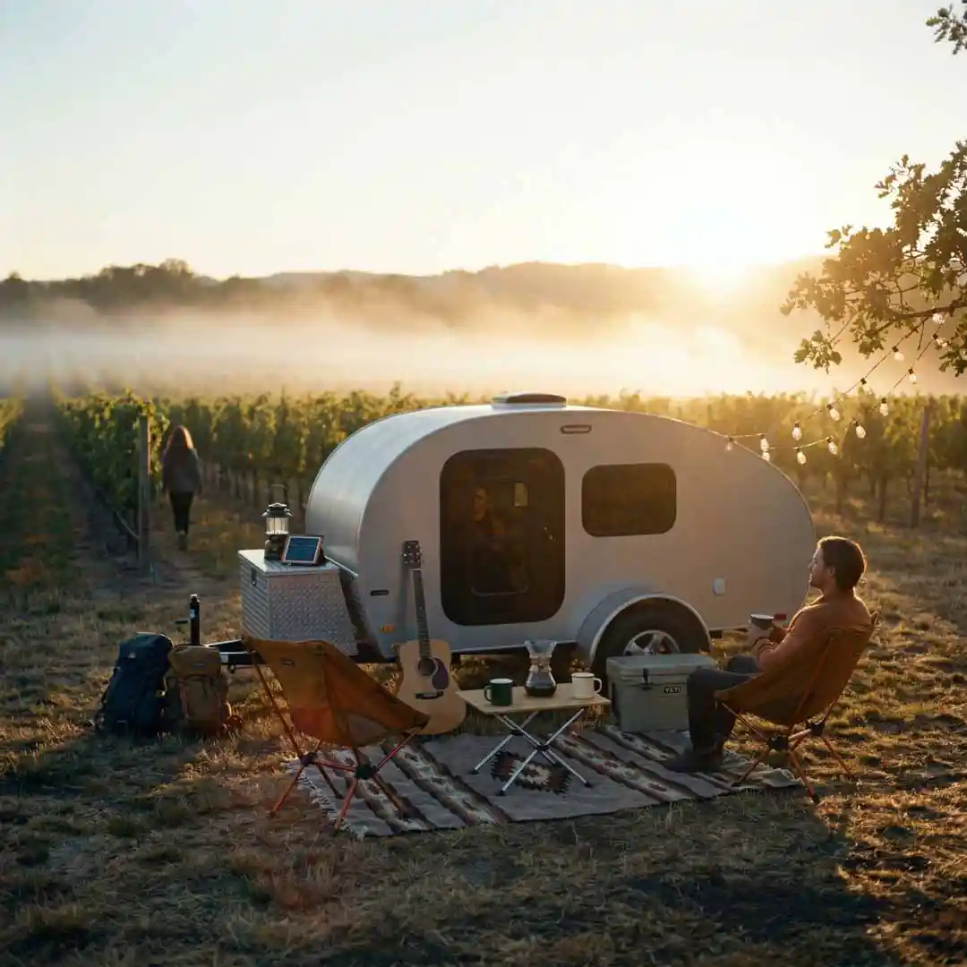 Teardrop camper boondocking at a vineyard