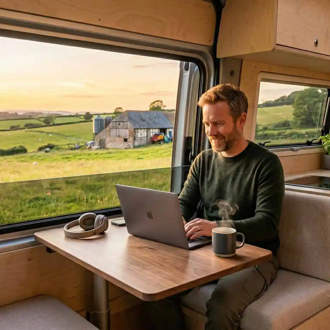 A man working in his RV in the middle of the outdoors