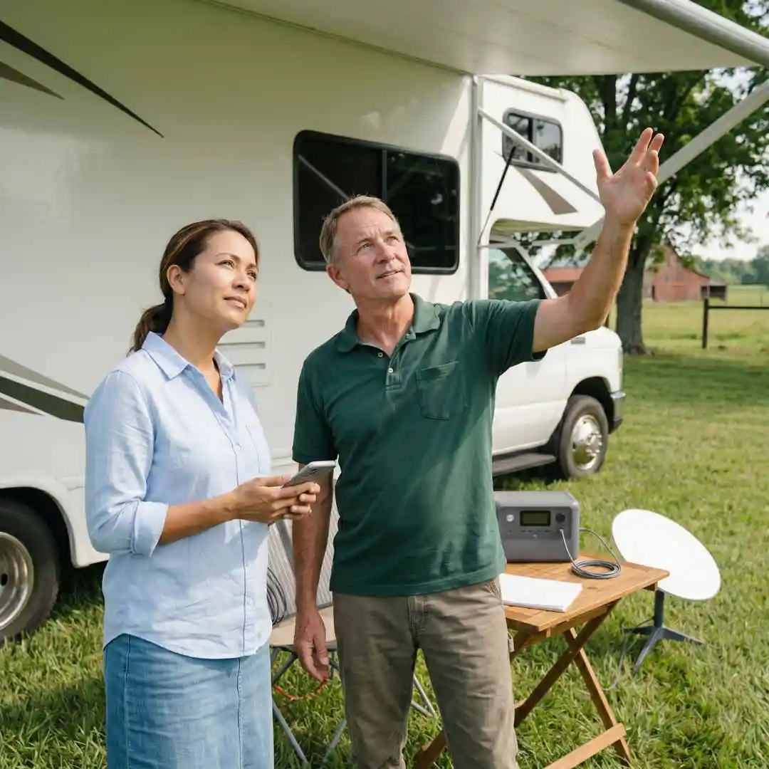 A couple discussing the Starlink positioning.