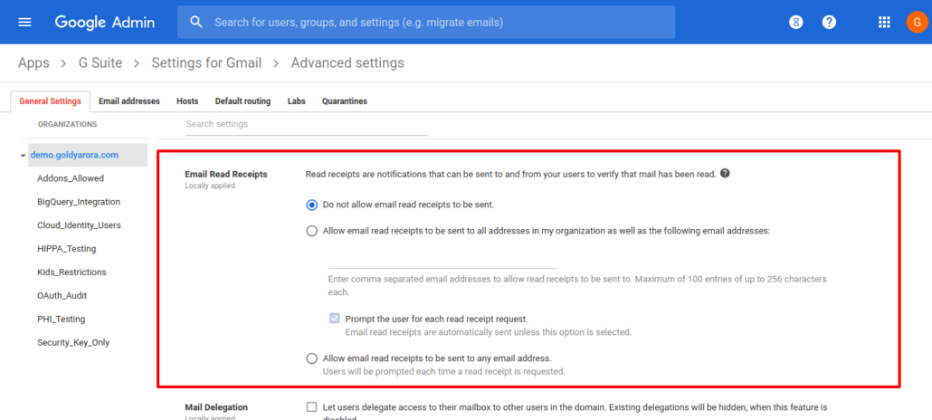 scroll to email read receipts - G suite admin console