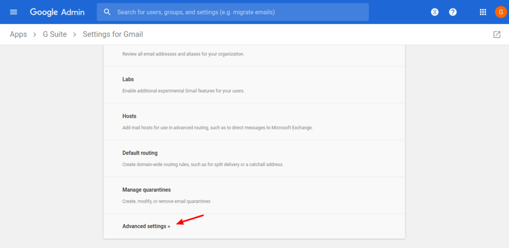 Click on Advanced settings in g suite admin console