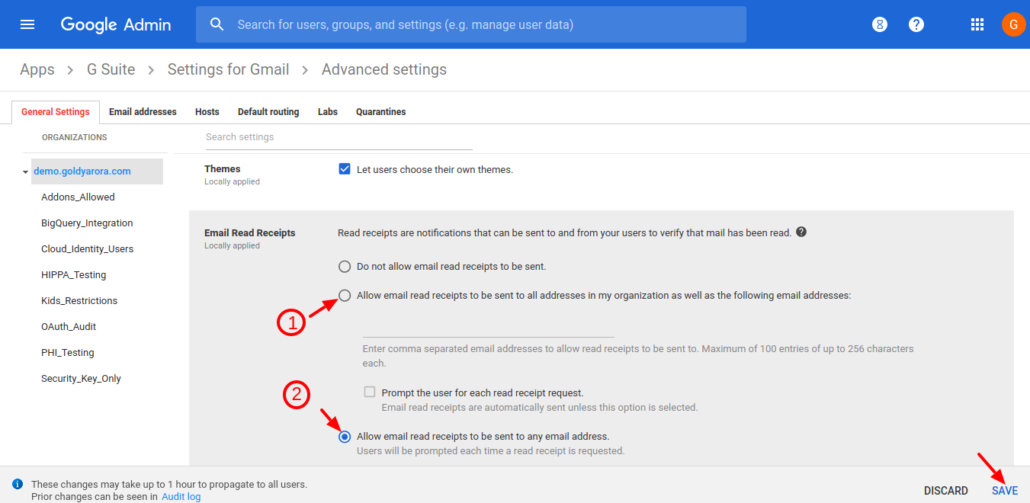 check allow read receipt in gsuite admin console