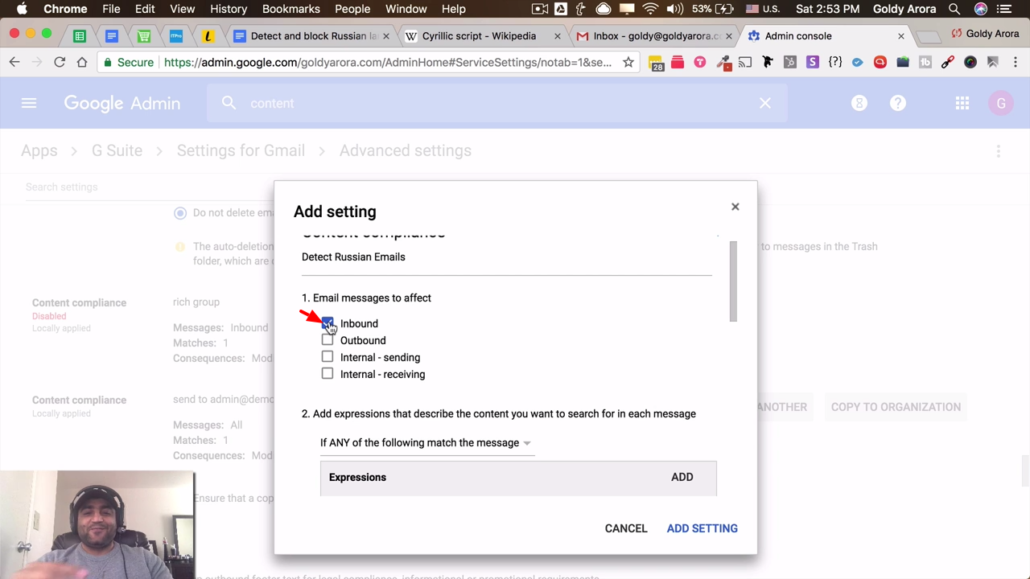 choose outbound for emails to affect - gsuite admin console