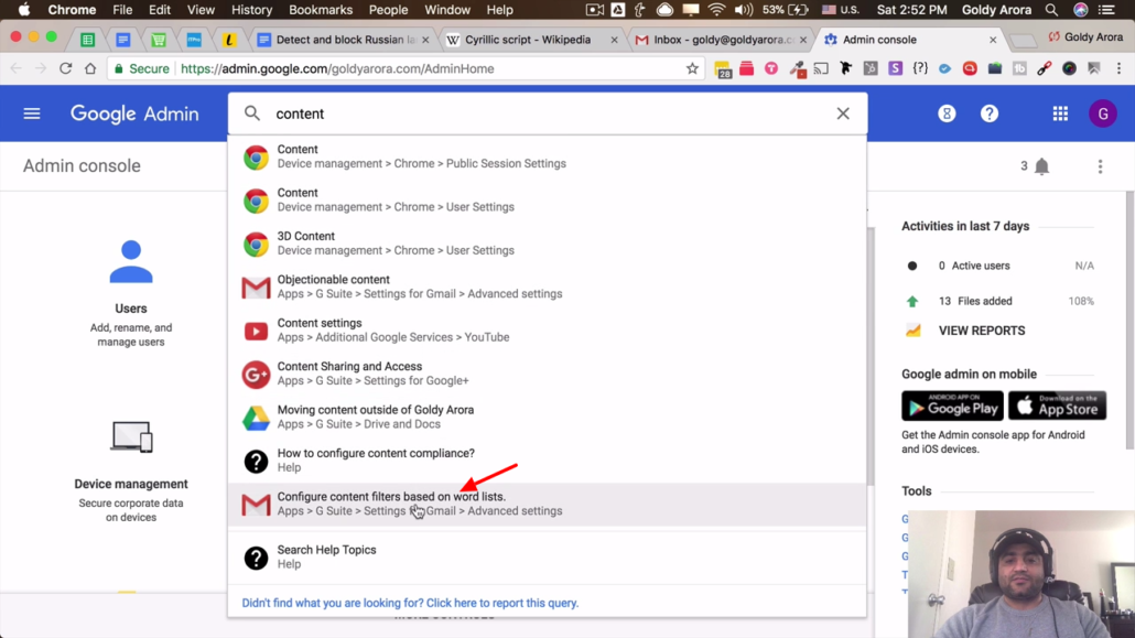 configure content filter based on word list - gsuite admin