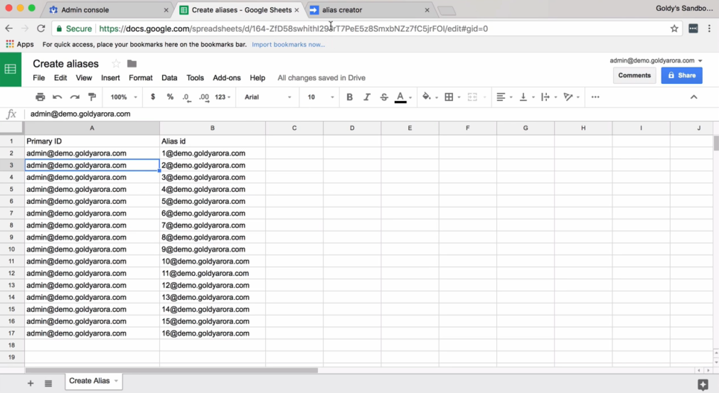 prepare sheet with primary email and alias ids