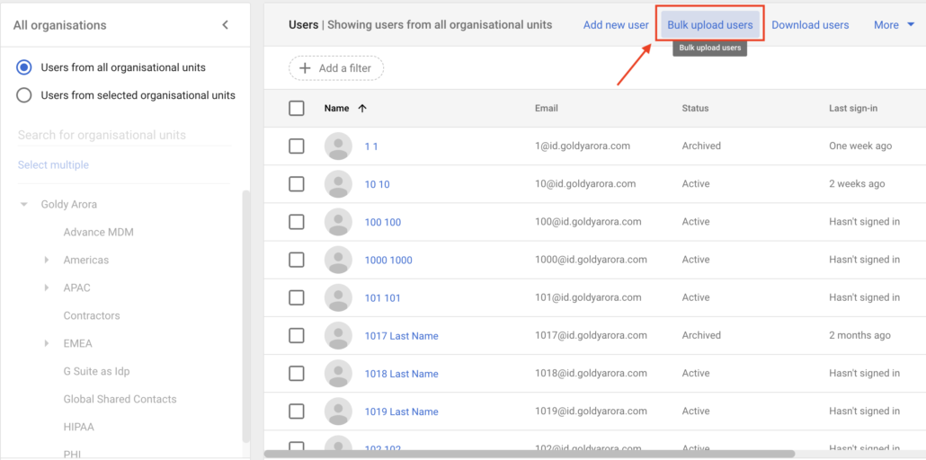 Click on bulk upload users in Google Workspace admin console