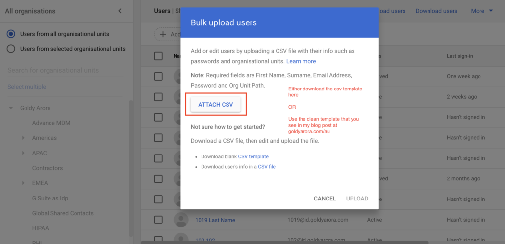 Attach your Archive Users csv file