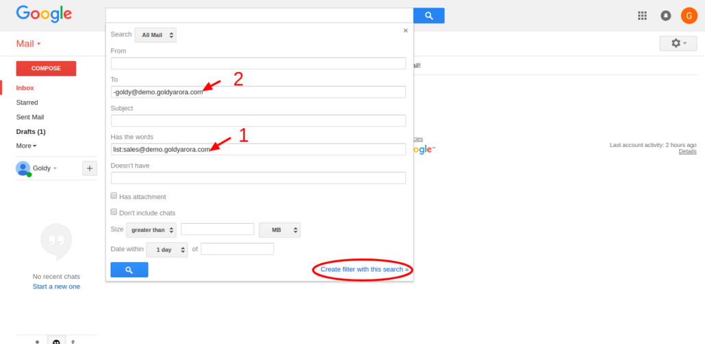 creating gmail filter to handle group emails step 1