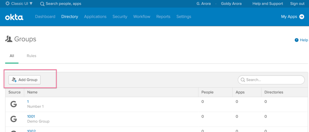 Click on Add Group in Okta