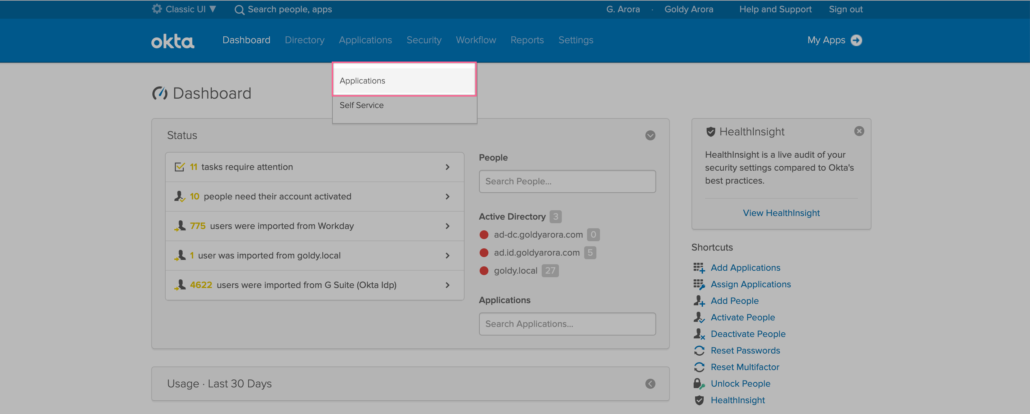 Go to Applications in Okta