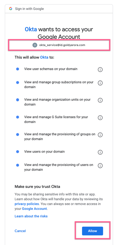 Provide Okta access to create users in Google Workspace