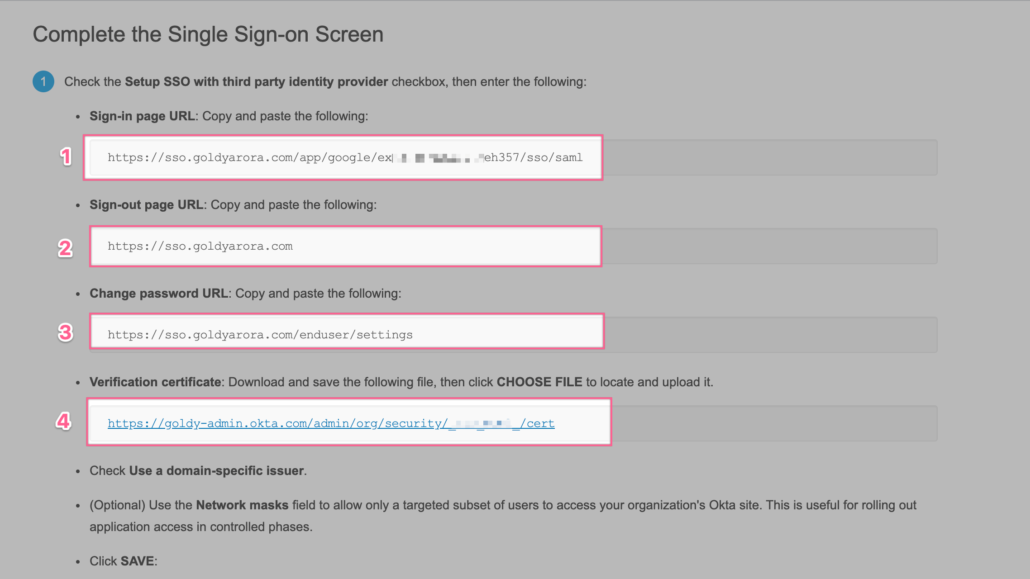 Copy Okta Urls to put in Google Workspace SSO