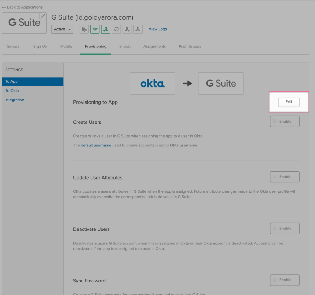 Edit Google provisioning in Okta