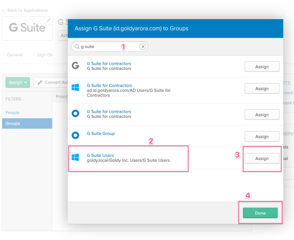 Select and assign your AD group to provision Google users via okta