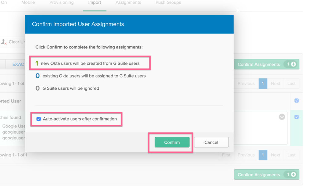 Confirm Google user's Okta assignment