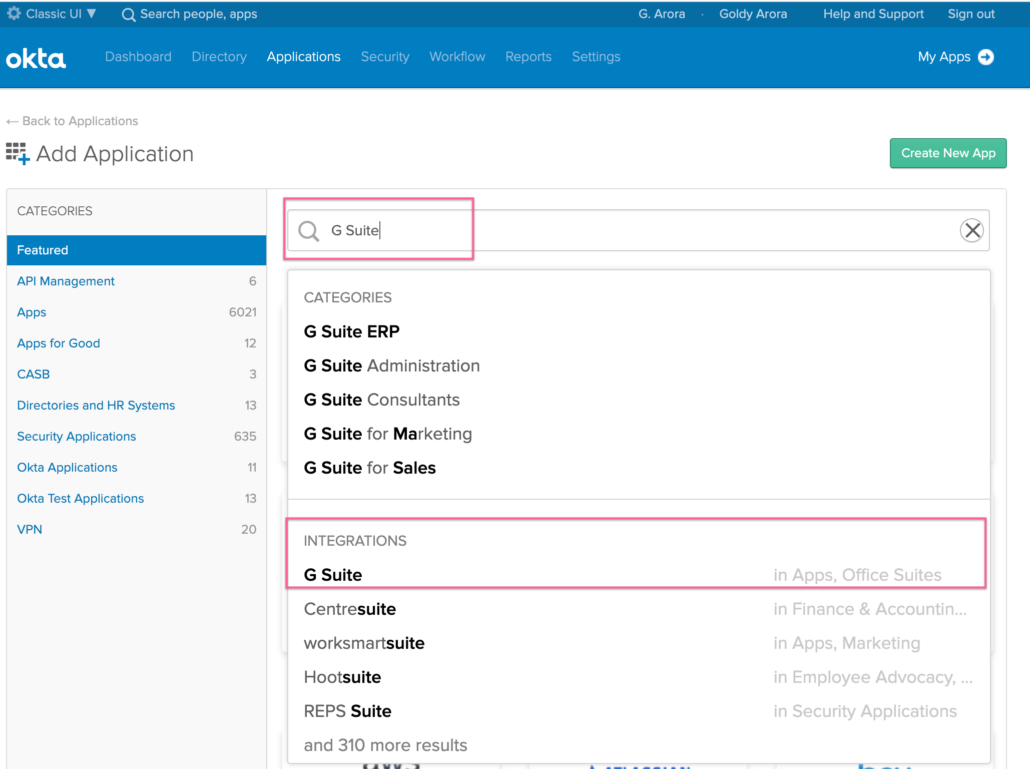 Search and Select Google Workspace App in Okta