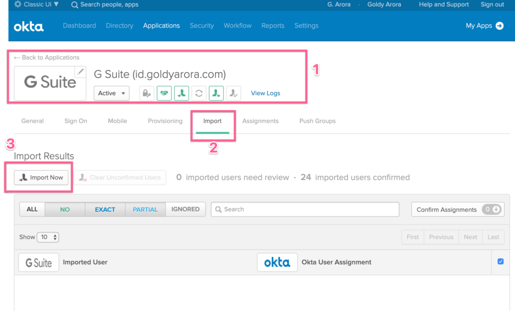 Go to Google Workspace import tab in Okta