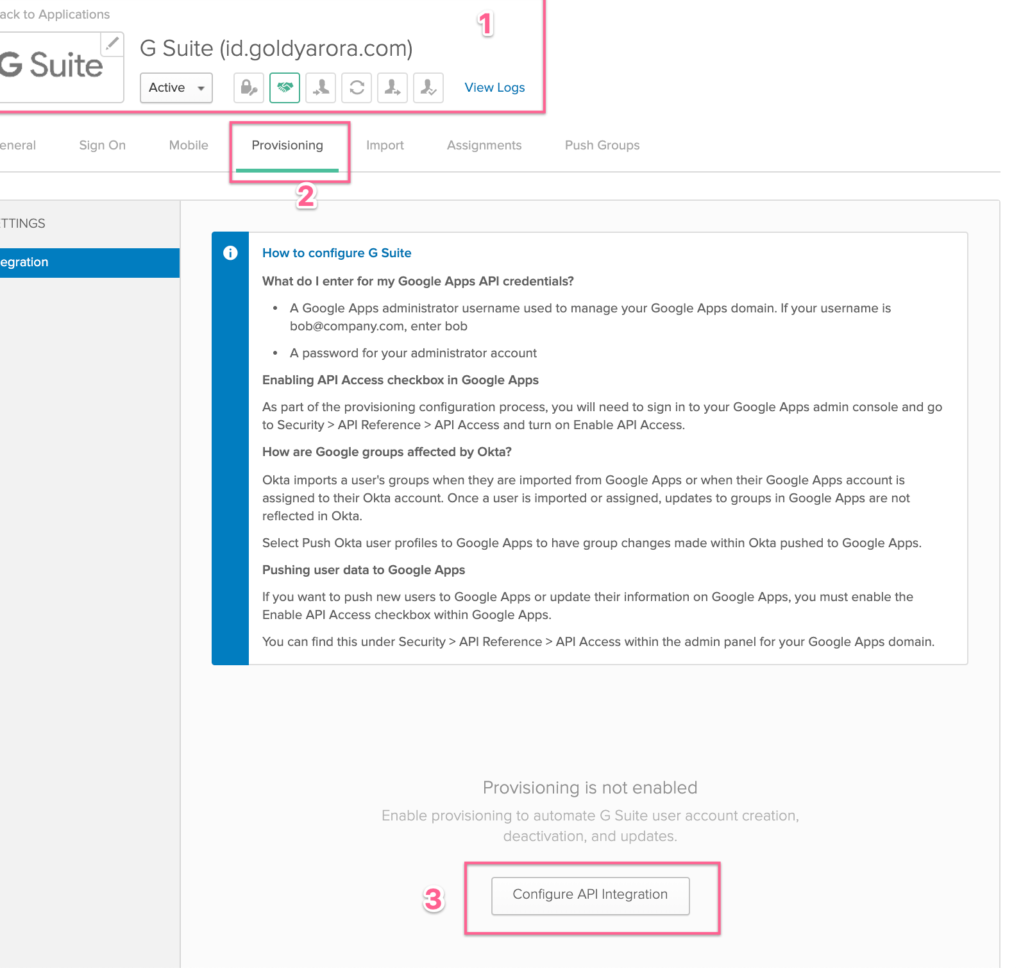 Go to Provisioning tab in Okta Google Workspace app