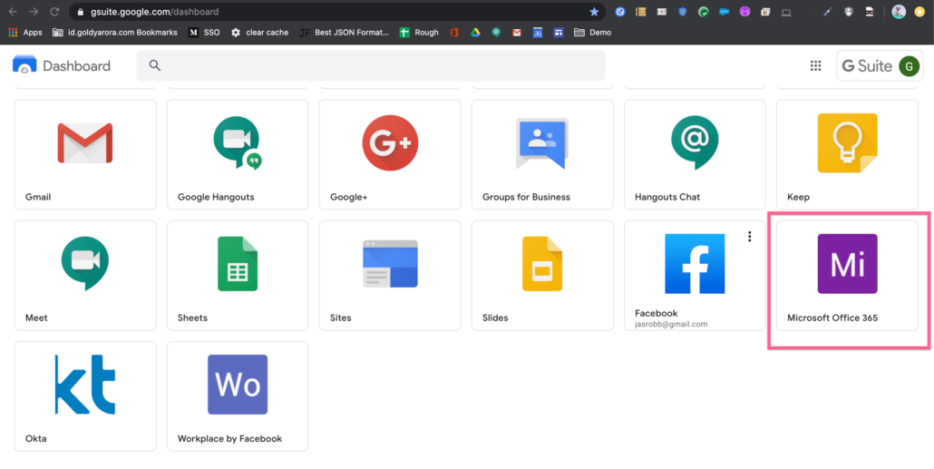 Office 365 SAML app in Google dashboard