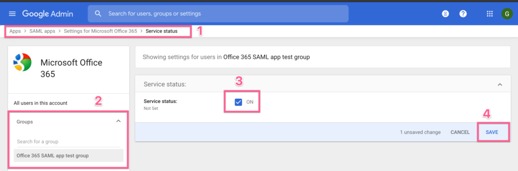 Enable Office 365 SAML app for a group