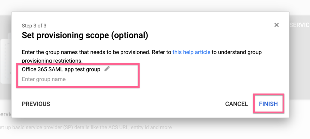 Select your Google group as scope to provision in Office 365