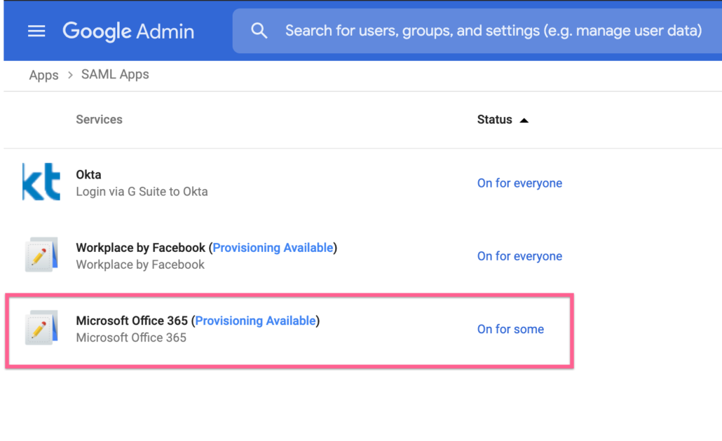 Go to office 365 SAML app in Google
