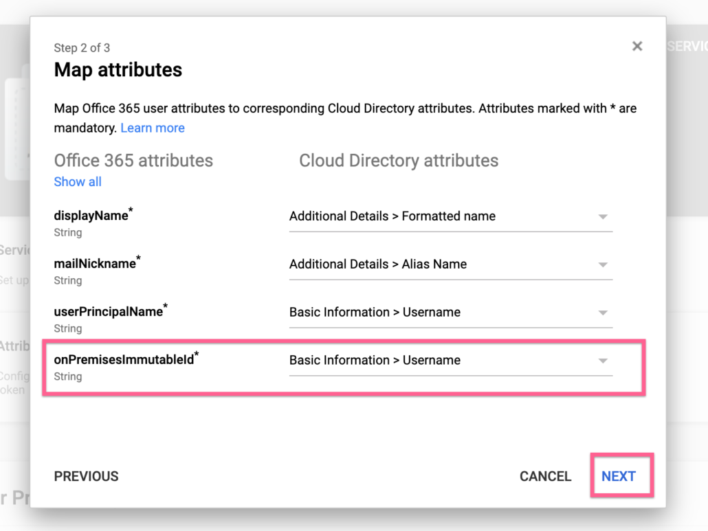 map google to office 365 attributes