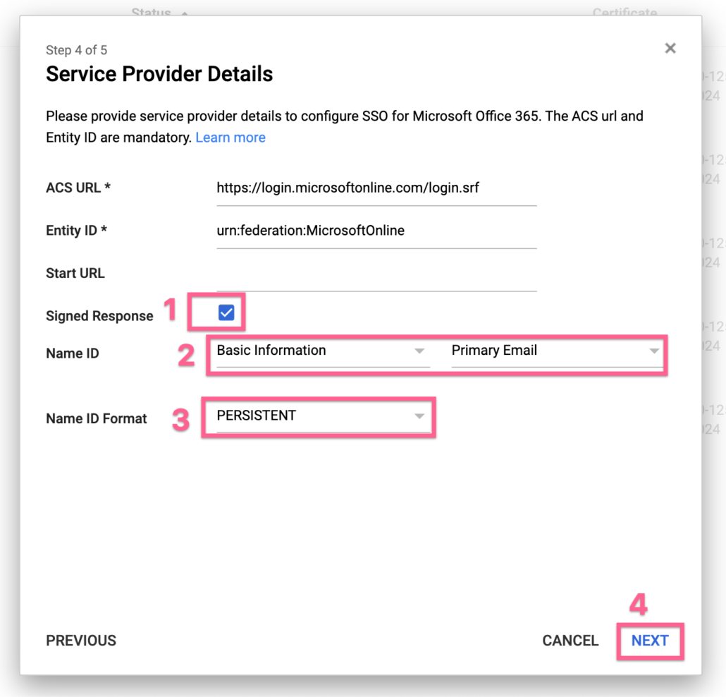 configure Office 365 details in Google SAML app