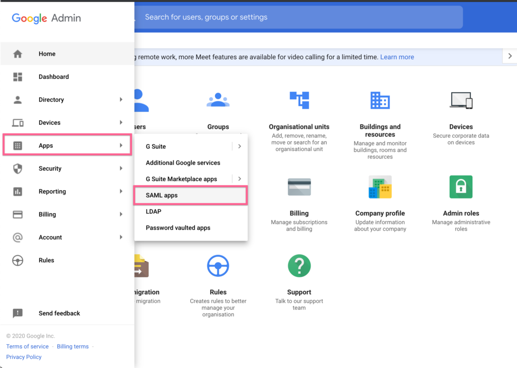 Go to SAML Apps in Google Admin Console