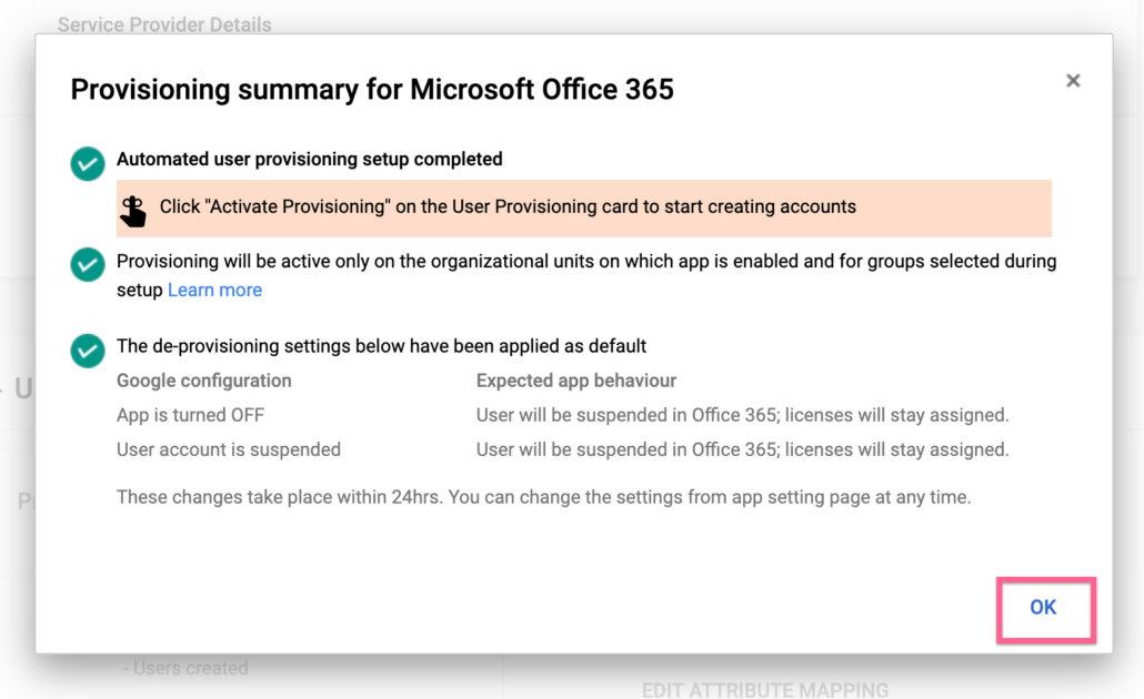 Activate Office 365 provisioning in Google