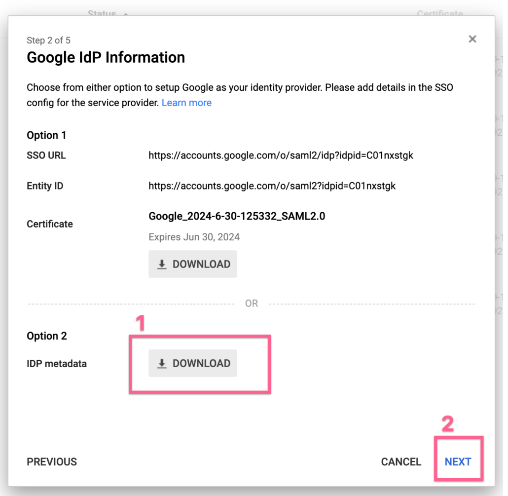 Download IDP metadata from Google