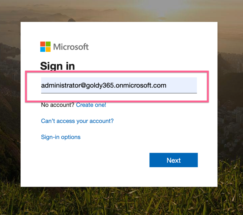 Sign in to Office 365 with admin email