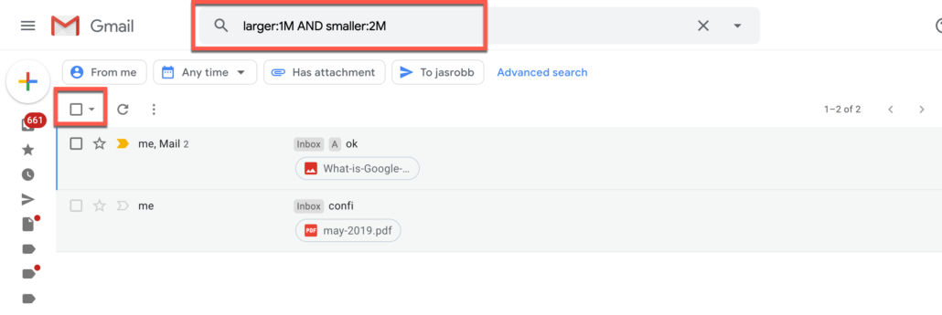 35. Delete Gmail emails by size (e.g larger than 1MB AND smaller than 2MB)
