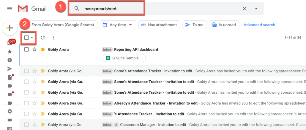 48. Delete all Gmail emails which has spreadsheet (e.g xlsx or google sheet link)