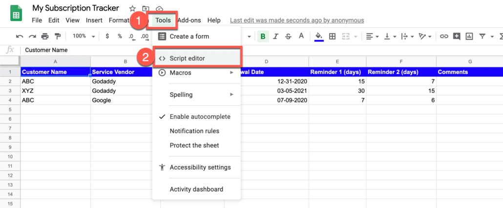 4. Go to Tools and then script editor from your google sheet