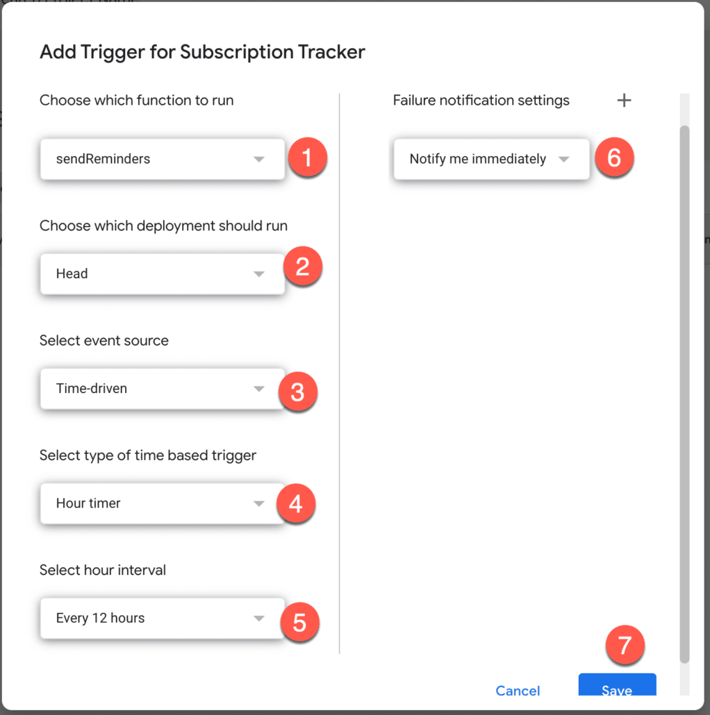 7. Add apps script time based trigger as shown in this image