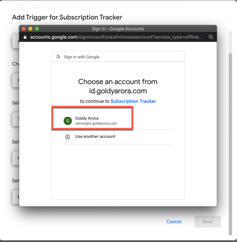 8. Choose the google account in which you want to run this script
