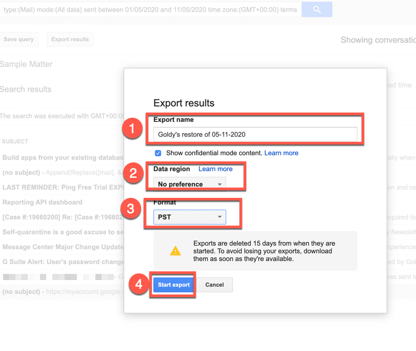 74. Select the pst format and click on export in Google Vault