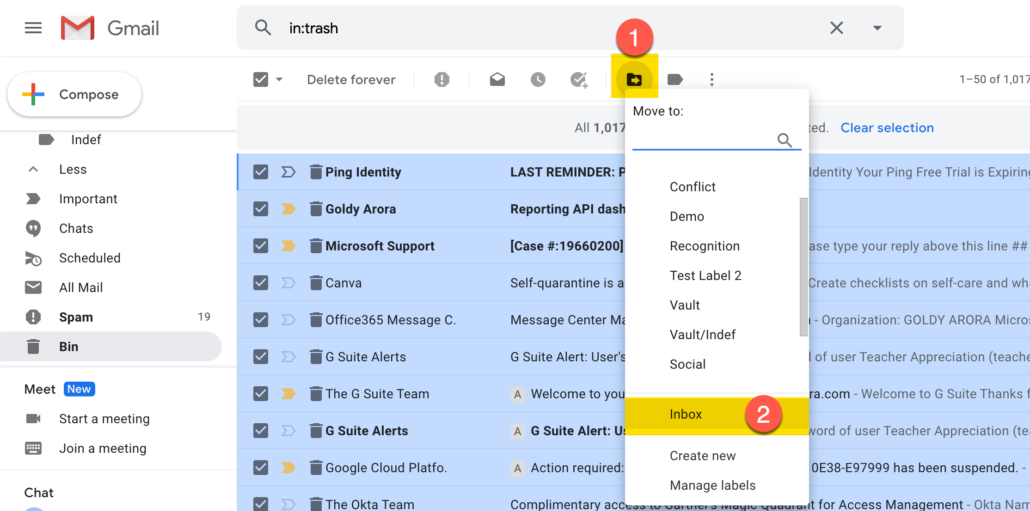 56. Click move to, and then inbox to restore all deleted gmail emails