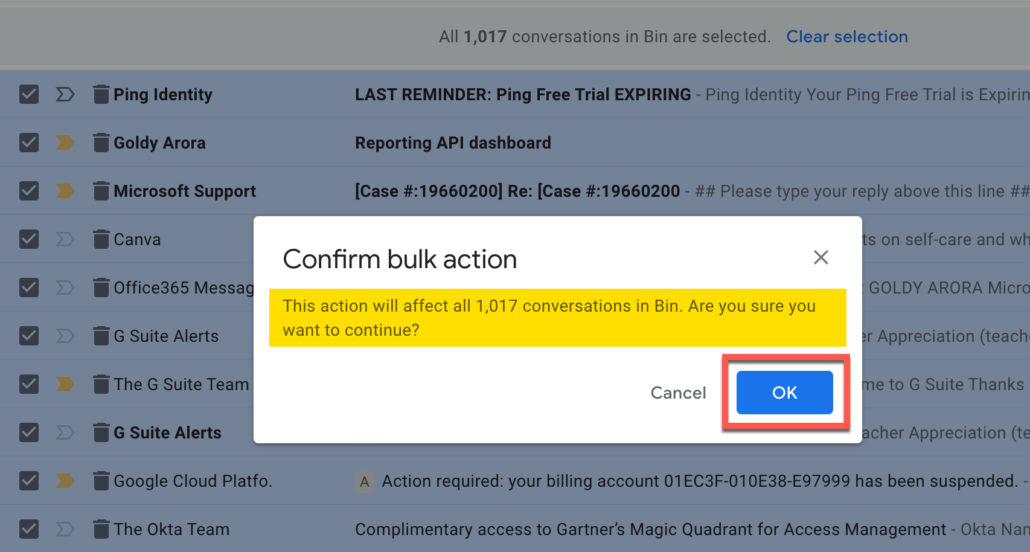 57. Confirm that you want to restore all deleted Gmail emails to inbox