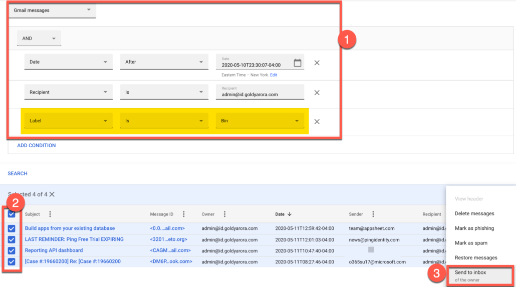 67. Run the investigation to find gmail emails in trash