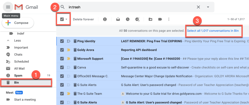 54. Go to Gmail Trash bin and select all emails