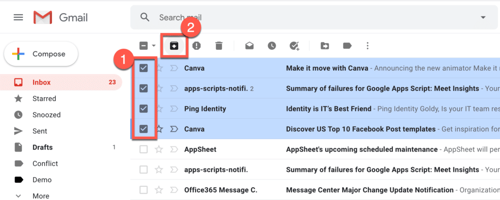 3. Select all required emails and click on Archive to archive them