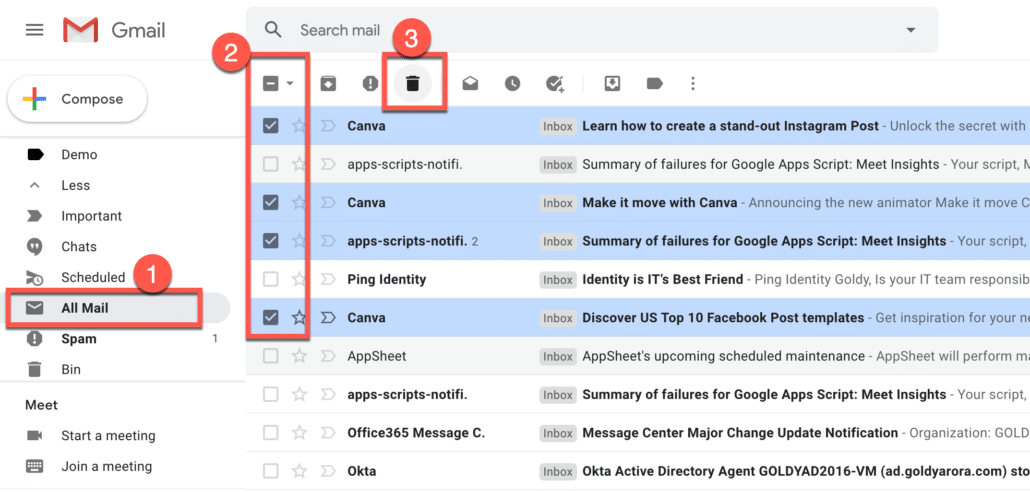 delete archived emails in gmail