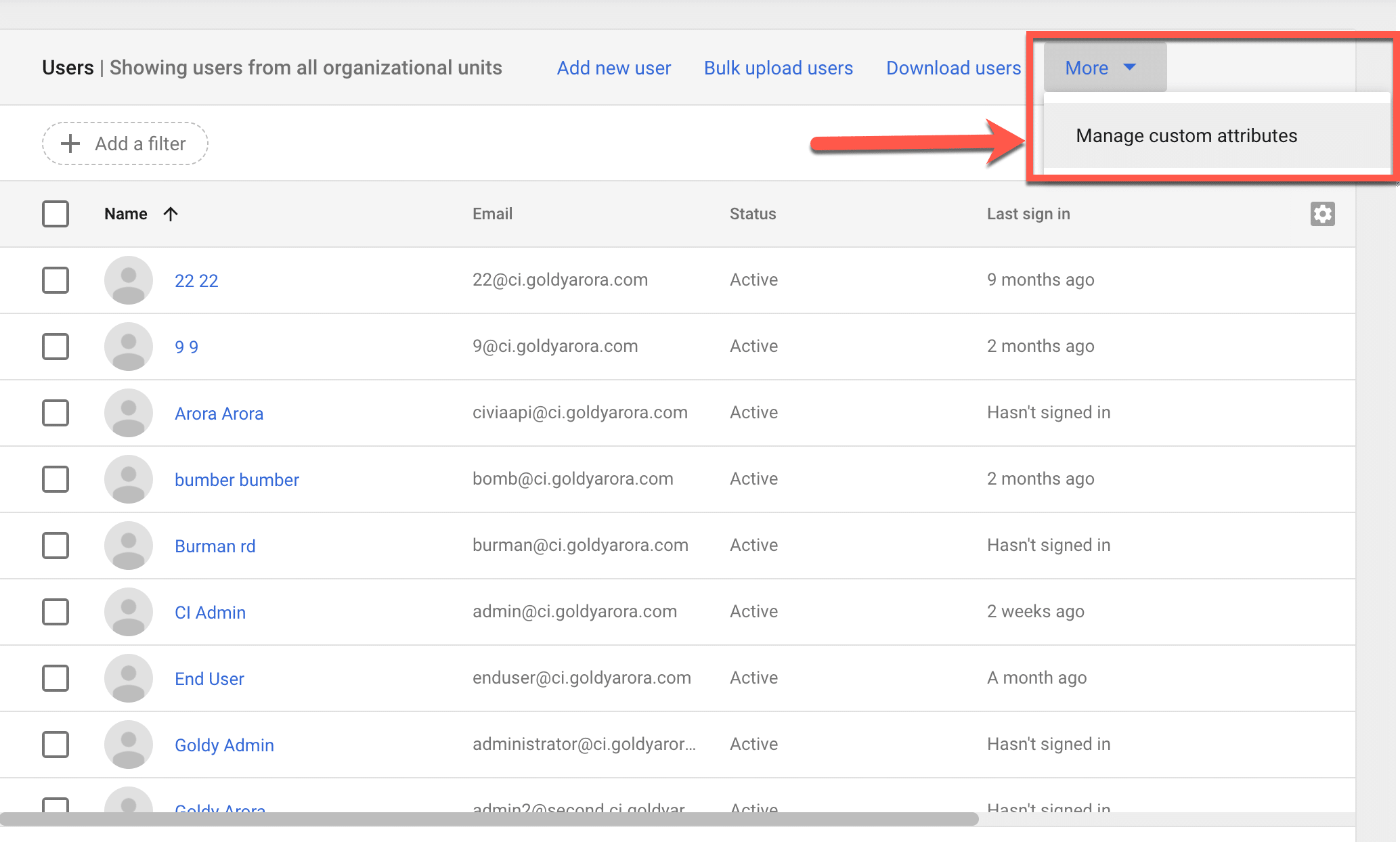 2. Click on Manage custom attributes in g suite admin console