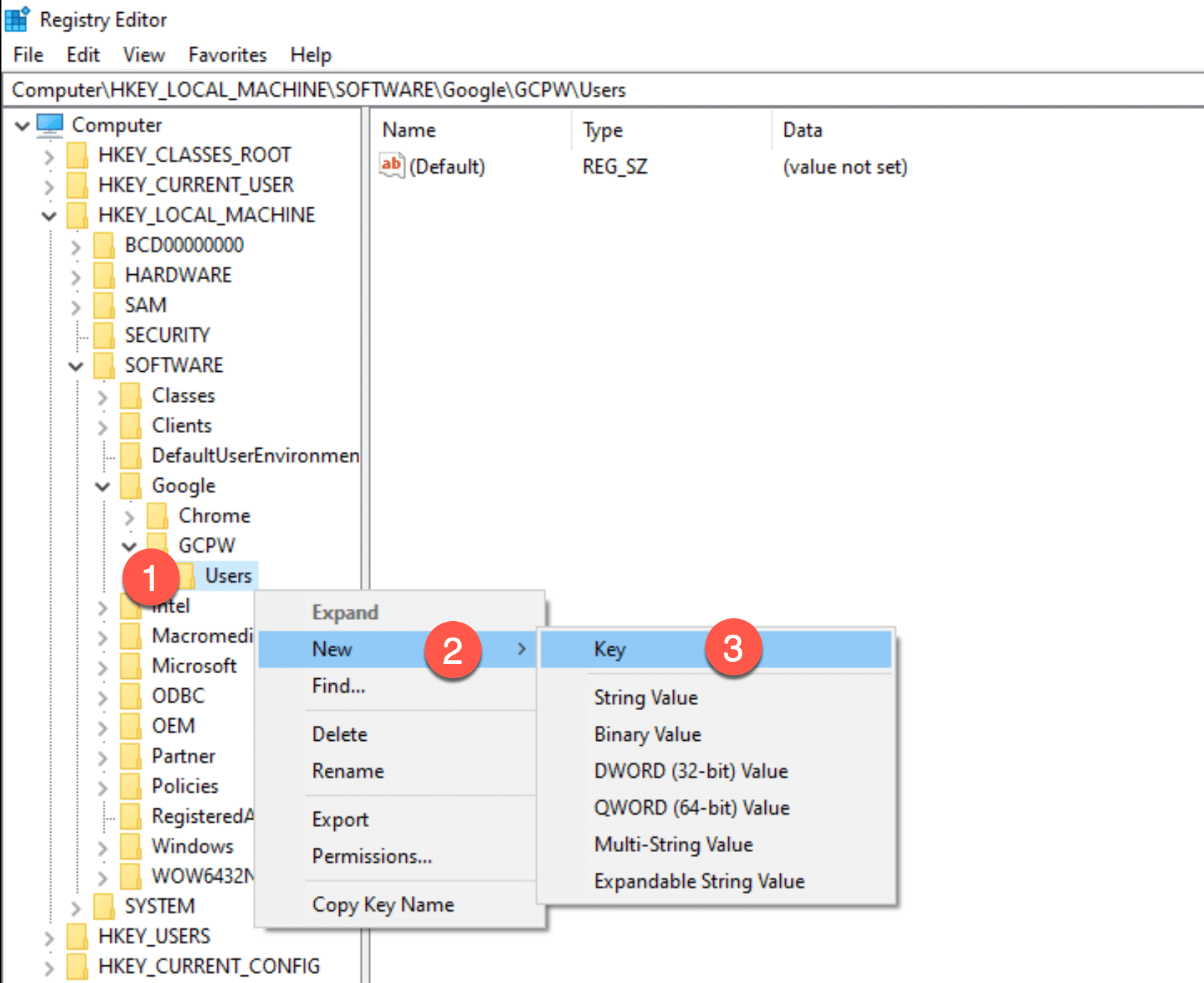 46. Add new key under Users in GCPW